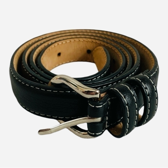 Unisex Belt TALBOTS Black White Seam Genuine Leather Belt Silver Buckle Belt - Picture 3 of 5